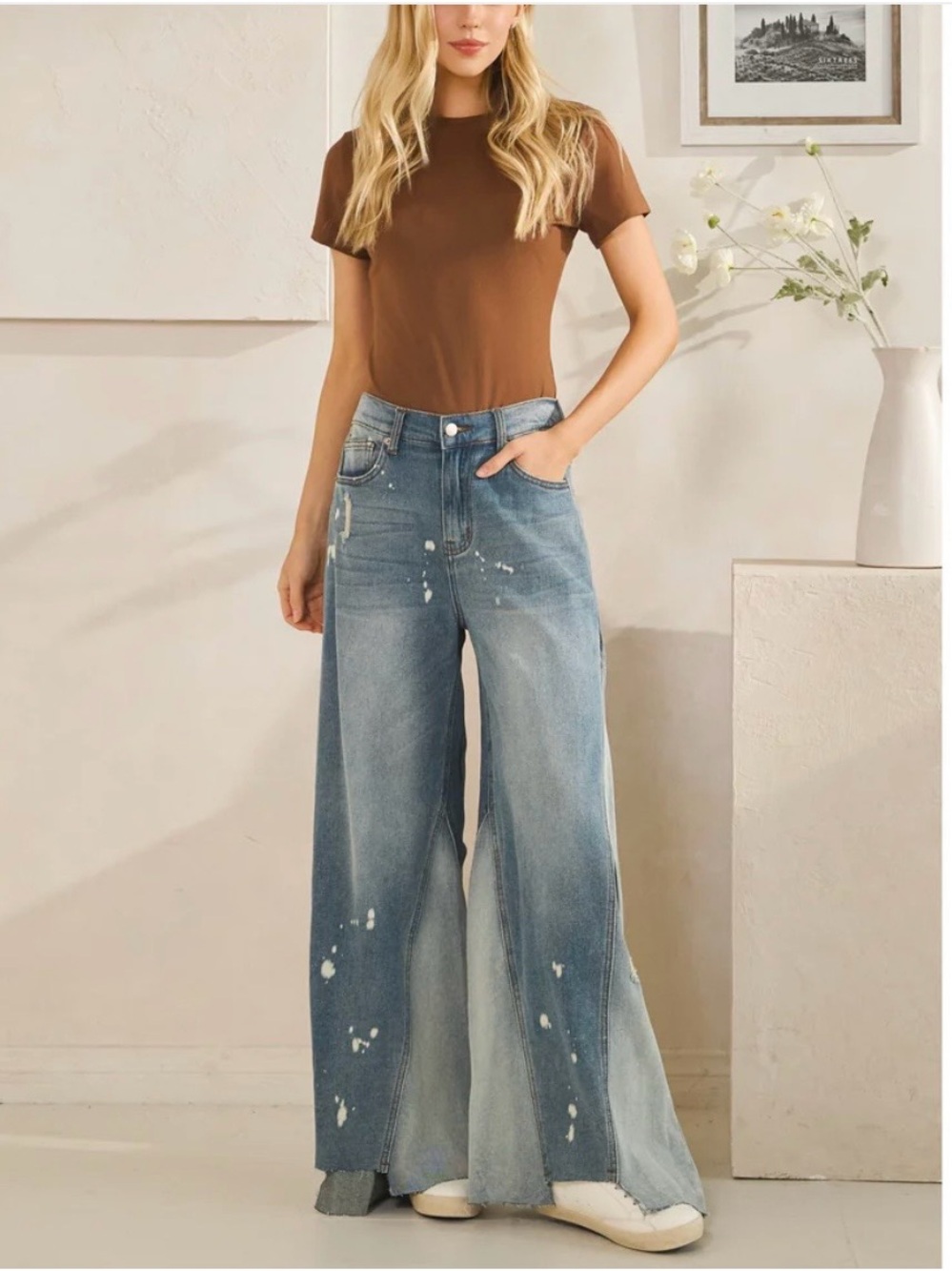 Oli & Hali Two-Tone Wide Leg Paint-Splatter Jeans